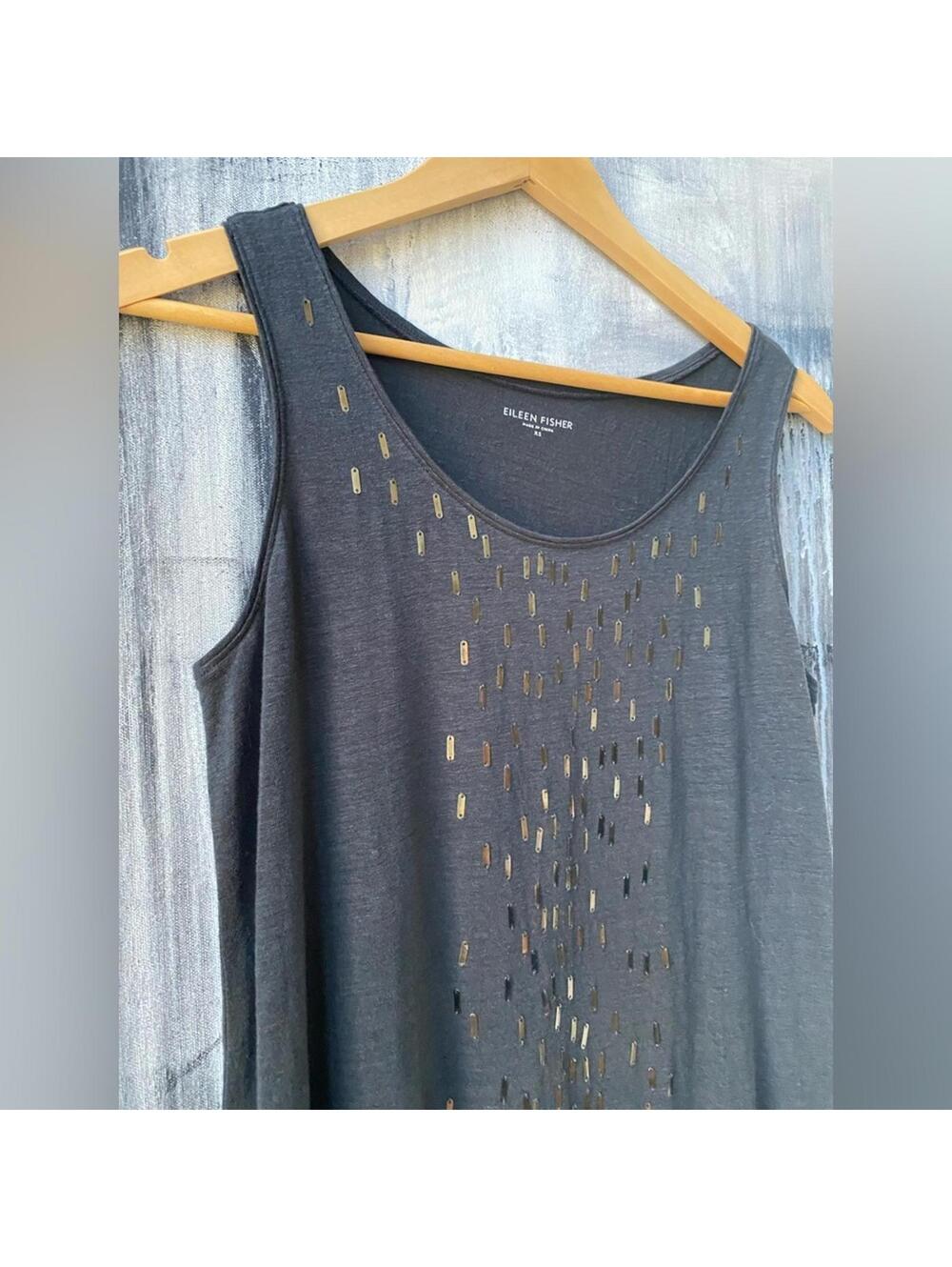 EILEEN FISHER Black Linen Sequin Tank Top Boho Coastal XS - Picture 2 of 7